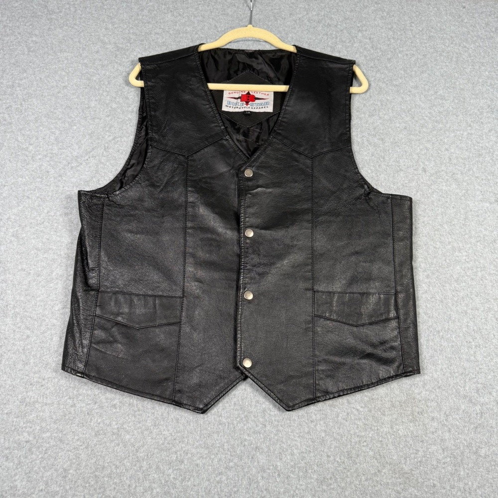 Bike Star Mens Genuine Leather Motorcycle Vest Black Large Handcrafted Biker